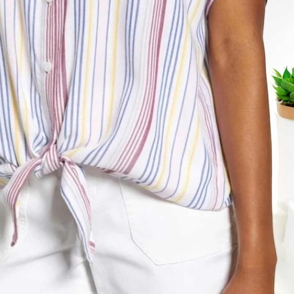 Beach Lunch Lounge Linen Rainbow Brooklyn Womens Stripe Tie-Front Button-DownTop - Picture 4 of 16